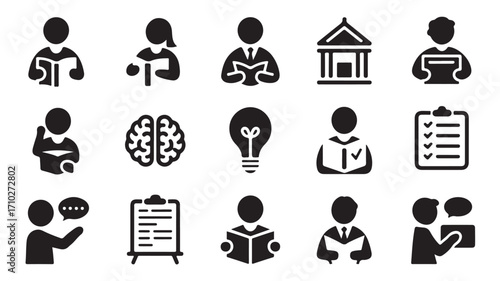 Education and communication icons with books school brain light bulb checklist and speech bubble in black silhouette style