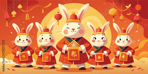 Five adorable rabbits in traditional chinese new year outfits holding lanterns