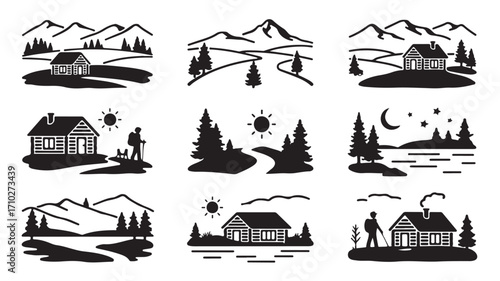 Cabin and nature landscape icons with mountain forest lake moon sun path and outdoor adventure in black silhouette style