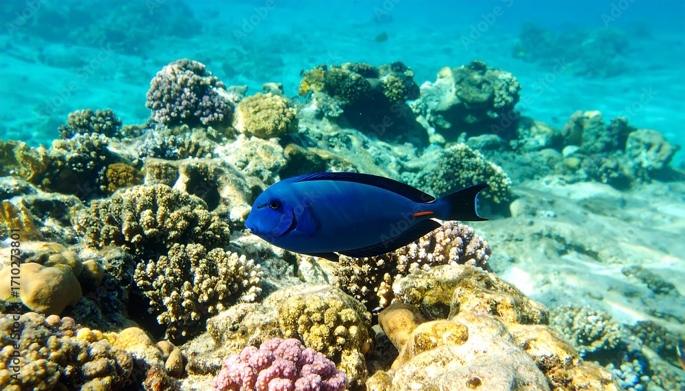 Fototapeta premium Vibrant underwater scene showcases a deep blue fish amidst a coral reef.