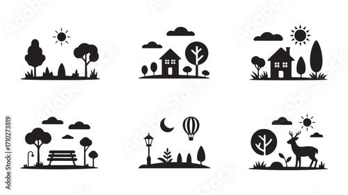 Outdoor scene icons with city house park nature deer moon sun and hot air balloon in black silhouette style