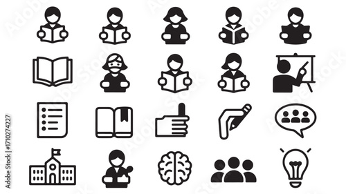 Education and learning icons with books graduation school brain light bulb and teaching in black silhouette style