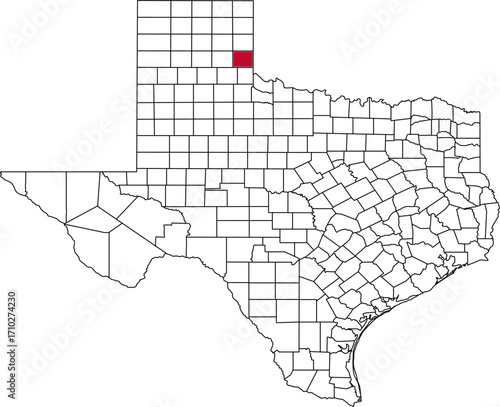 A vector map of Texas highlighting Collingsworth County. Ideal for geographical studies, regional reports, and data visualization projects.

