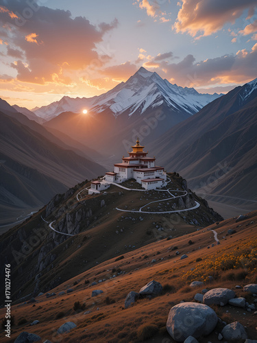 Picturesque view of the Key Gompa Monastery (4166 m) at sunrise. Spiti valley, Himachal Pradesh, India.