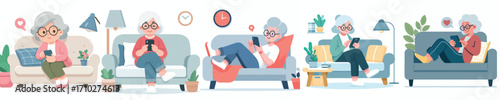 vector of a grandmother sitting relaxed on the sofa playing with gadgets