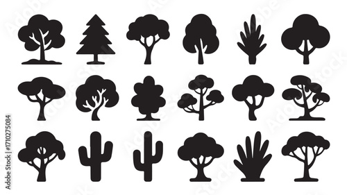 Tree and plant icons with deciduous coniferous cactus and shrub variations in black silhouette style