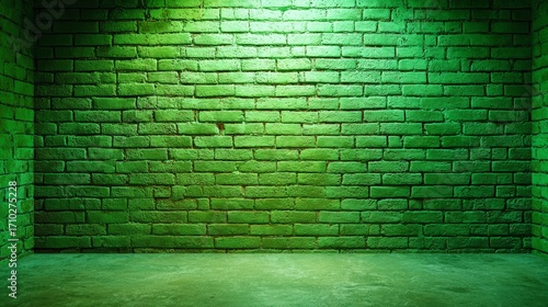 Vibrant green brick wall in empty room with concrete floor