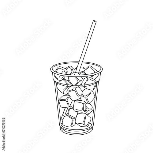Line art illustration of a clear plastic cup filled with ice cubes and a drinking straw, depicted on a white background.