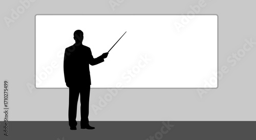 Silhouette of a man in a suit holding a pointer in front of a blank whiteboard, representing a presentation or teaching scenario.