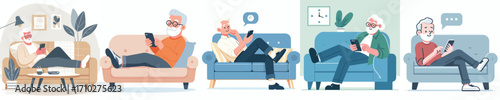 vector of a grandfather sitting relaxed on the sofa playing with gadgets