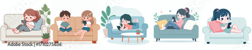 vector of a little girl sitting relaxed on the sofa playing with gadgets