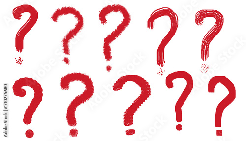 A large collection of hand-drawn red question marks for creating website FAQ sections & designing engaging quizzes. This set of grunge, brush, and spray paint icons is isolated on a transparent backgr