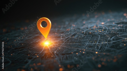 3D Render of Location Marker on Digital Map with Glowing Elements and Network Connections