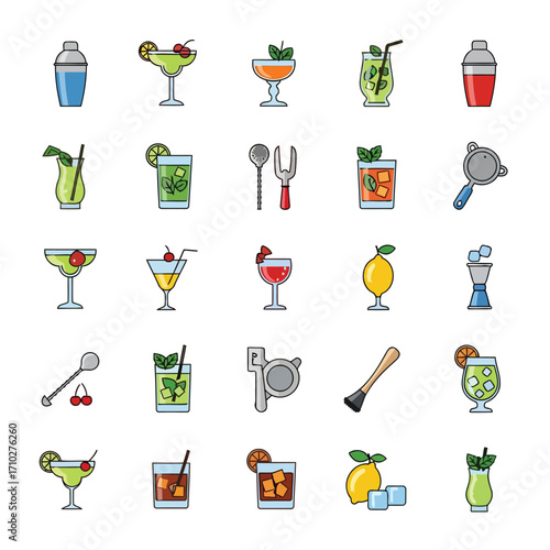 Collection of colorful cocktail and bar tool icons.