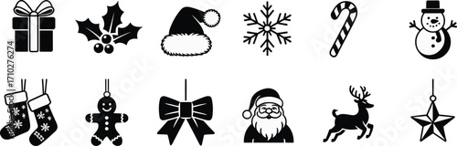 Flat vector illustration of Christmas icons including Santa, snowflake, gift, reindeer, candy cane, snowman, ideal for holiday design.