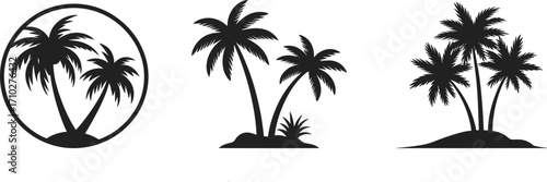 Tropical palm tree silhouettes, beach island scenery, summer vacation symbol, black coconut trees collection, nature landscape, flat vector illustration.
