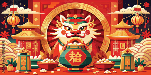 Vibrant chinese new year celebration with dragon and traditional decorations