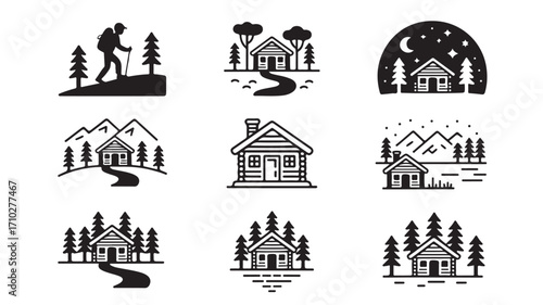 : Nature scene icons with park mountain forest lake countryside and sunny landscape in black silhouette style