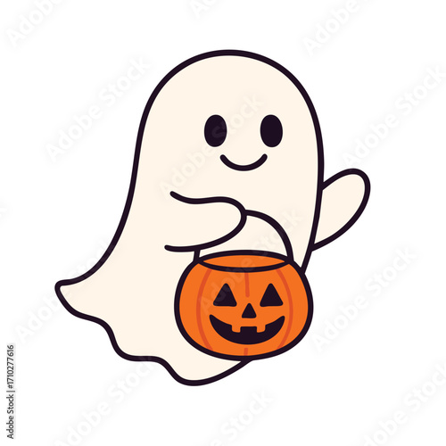 Cute ghost holding pumpkin bucket, smiling happily