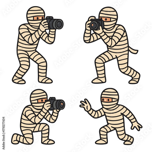 Cartoon mummies taking photos with cameras, Halloween theme