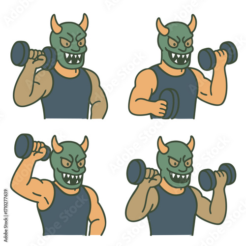 muscular man in monster mask lifting dumbbells, showing strength and determination