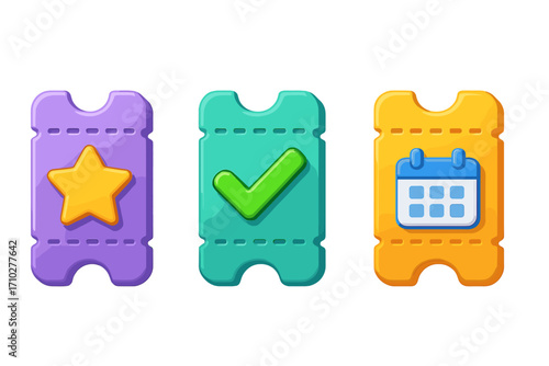 Ticket vector icon set. Cartoon 3D coupon for event admission, loyalty reward, date booking confirmation. Pass collection with star, check mark and calendar symbol.