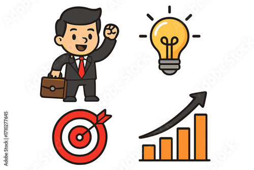 Business success cartoon icon set. Businessman character achieving goal. Idea lightbulb, target with arrow, financial growth chart. Corporate career development concept. Vector pack.