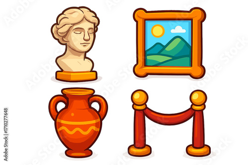 Museum icon set with 3D cartoon art. Vector collection of gallery exhibit items: classical sculpture bust, landscape painting, ancient Greek amphora, and velvet rope barrier.