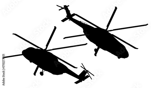 Two black and white military helicopter silhouettes flying in formation against a clean white background.