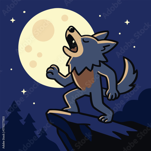 howling wolf stands on cliff under full moon in night sky