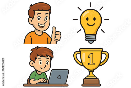 Vector cartoon icon set. Boy with laptop, thumbs up gesture. Success concept with trophy and lightbulb idea. Education, learning, and achievement illustration collection.