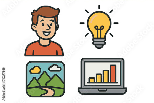 Set of business icons for web and mobile. Includes user avatar, idea lightbulb, data analytics graph on laptop, and image gallery. Vector cartoon style illustration.
