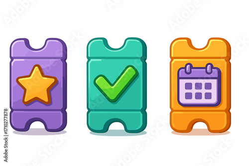 Vector ticket icon set. Cartoon illustration of coupon collection with star for reward, checkmark for confirmation, and calendar for event booking. Admission voucher design.