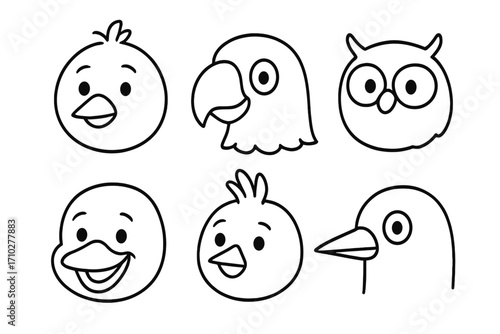 Bird faces collection. Simple black and white line art. Vector cartoon illustration icon set. Cute animal head characters for kids. Includes eagle, owl, duck, and chick mascot.