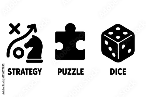 Board game icon set with strategy, puzzle, and dice elements. Chess knight tactic symbol, jigsaw piece, and gambling die. Bold silhouette vector for tabletop gaming concepts.