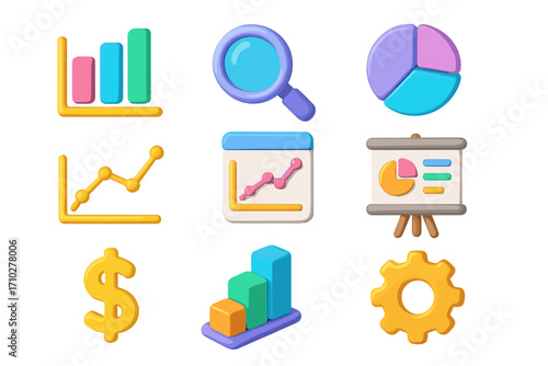3D data analytics icon set for business reports and finance. Vector cartoon illustration of chart, graph, pie, diagram for infographic, dashboard, UI, UX and presentation.
