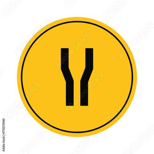Yellow caution sign with a narrow passageway symbol for safety alert