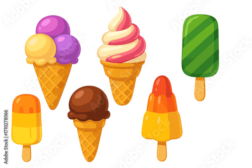 Colorful 3d ice cream collection. Vector cartoon illustration of various cones, popsicles and sorbet. Ordered set of sweet summer desserts. Frozen food, gelato icons.