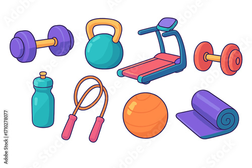 Fitness equipment set vector illustration. Colorful cartoon gym icons with dumbbell, kettlebell, treadmill, yoga mat. Workout, exercise, training and healthy lifestyle concept.