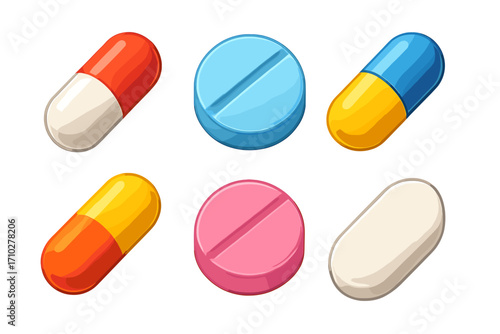 Set of colorful 3d medicine capsules, pills, and tablets. Pharmaceutical drug concept. Painkiller, antibiotic, vitamin, supplement. Medical healthcare vector cartoon illustration.