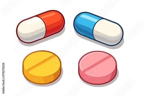 Colorful 3d medicine capsules and tablets vector set. Cartoon illustration of medical drugs, pills, painkillers and vitamins for pharmacy or healthcare concept design.
