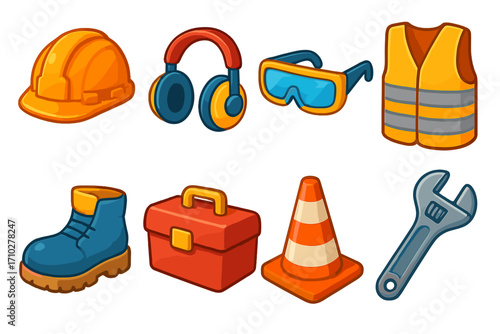 Industrial safety equipment icon set. 3D vector cartoon graphics for construction themes. Personal protective equipment, hard hat, work vest, glasses, toolbox, tools.