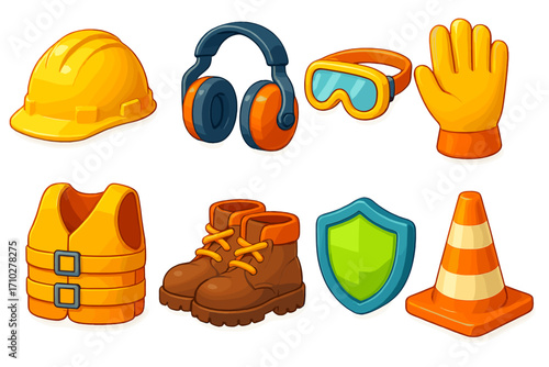 Safety equipment icons for workplace protection and construction sites. Vector cartoon illustration set of ppe: hard hat, earmuffs, goggles, glove, vest, boots, and cone.