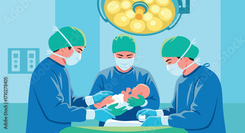 Adobe illustrator artwork vector illustration. A team of doctors in scrubs and masks perform a C-section, holding a newborn baby. Focus on the emotional moment of new life