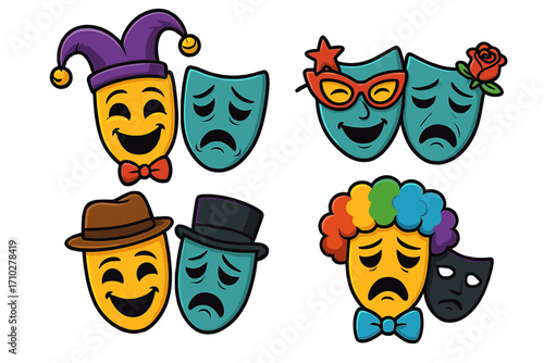 Comedy and tragedy masks vector set. Metaphor for bipolar disorder, mood swings, split personality. Psychology, mental health concept. Happy and sad theater symbols.