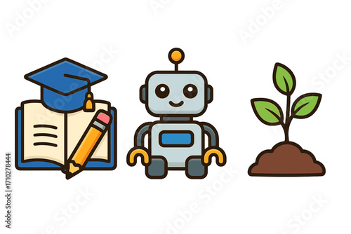Colorful cartoon icon set. Metaphor for educational growth, from learning with books to technology with robots and natural development. Vector for STEM and knowledge concepts.