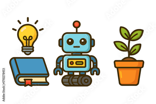 Educational icon set with a robot for learning, a lightbulb for ideas, a book for knowledge, and a plant for growth. Vector cartoon symbols for technology and science.