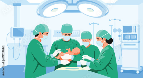 Adobe illustrator artwork vector illustration. A team of doctors in scrubs and masks perform a C-section, holding a newborn baby. Focus on the emotional moment of new life