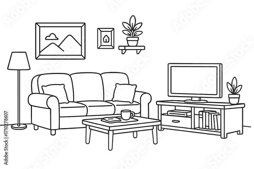 Cozy living room interior in thin line art style. Vector outline of home furniture with sofa, coffee table, TV stand, plant. Modern apartment furnishing and decoration concept.