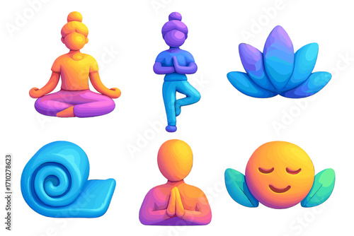 Yoga 3D icon set for wellness. Vector cartoon meditation characters. Fitness and mindfulness concepts. People in lotus and tree pose. Namaste gesture. Yoga mat and lotus flower.